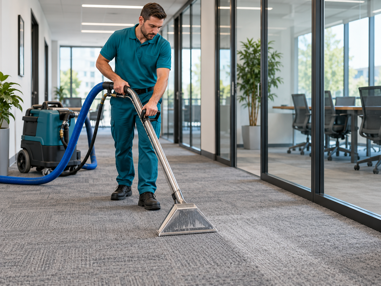 Technician deep cleaning carpet in an office