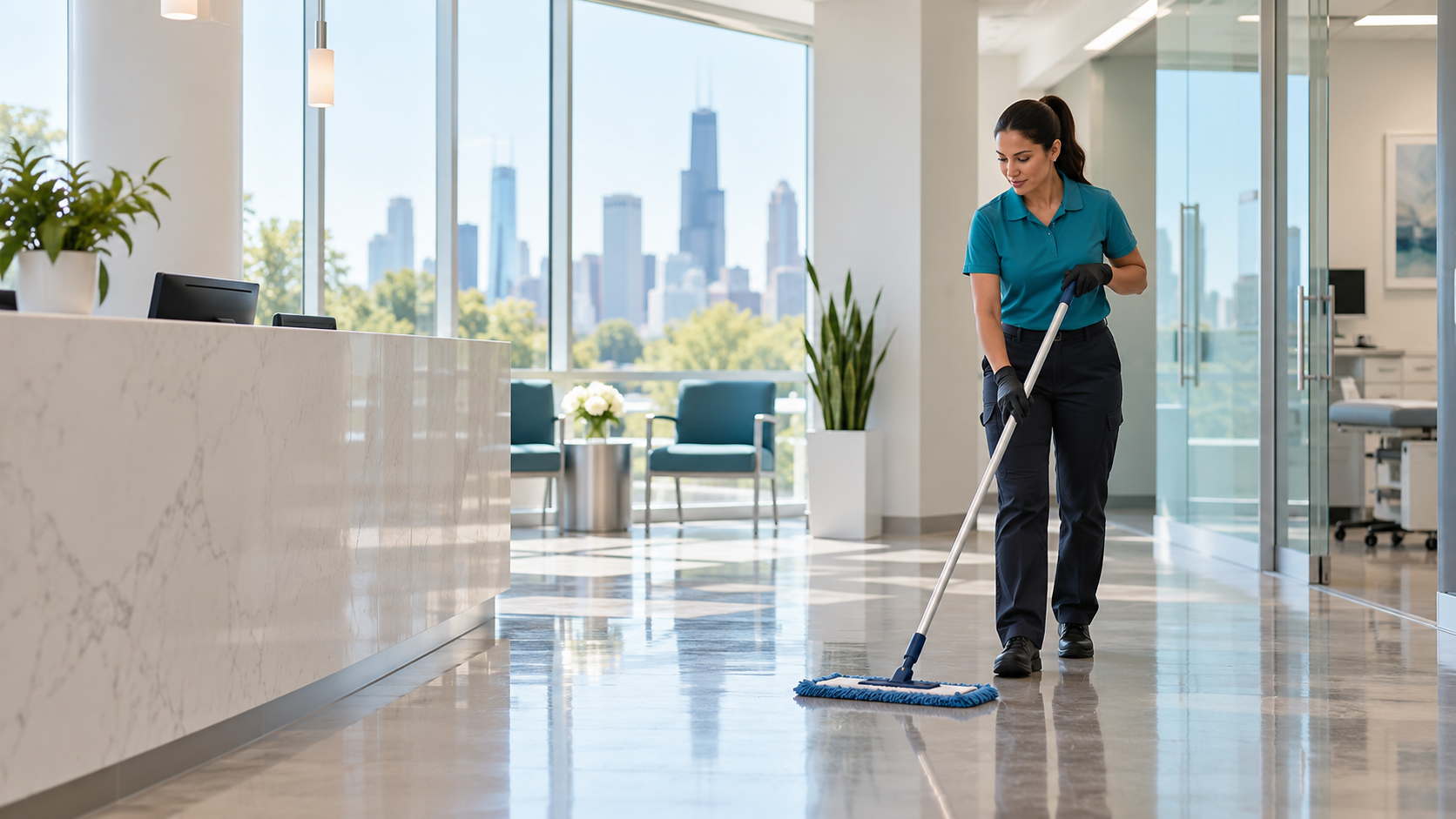 Cleaner maintaining a bright medical office reception area