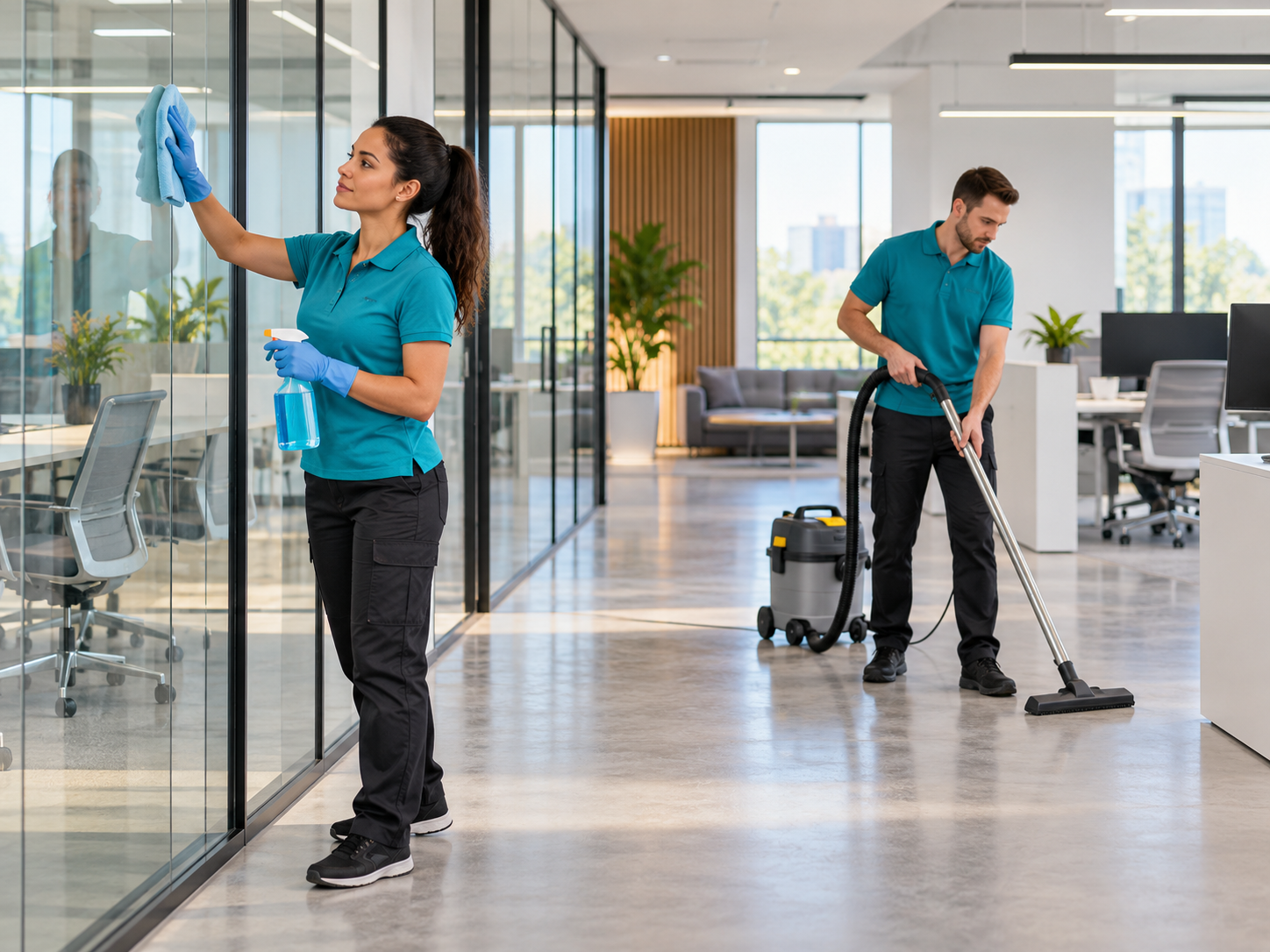 Cleaning team maintaining a modern commercial office